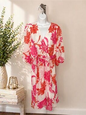 Danny & Nicole Floral Wrap Dress Pink and Red Chiffon Midi Fit Flare Size 12P